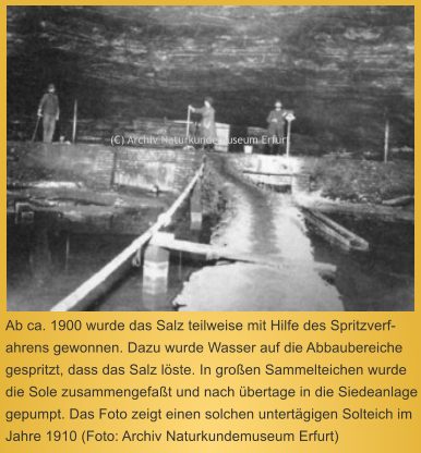 Ab ca. 1900 wurde das Salz teilweise mit Hilfe des Spritzverf-ahrens gewonnen. Dazu wurde Wasser auf die Abbaubereiche gespritzt, dass das Salz lste. In groen Sammelteichen wurde die Sole zusammengefat und nach bertage in die Siedeanlage gepumpt. Das Foto zeigt einen solchen untertgigen Solteich im Jahre 1910 (Foto: Archiv Naturkundemuseum Erfurt)   (C) Archiv Naturkundemuseum Erfurt